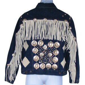 Vintage Denim Jacket, S, Suede Fringe, Embellished/Studded, ROCKER/Stage wear